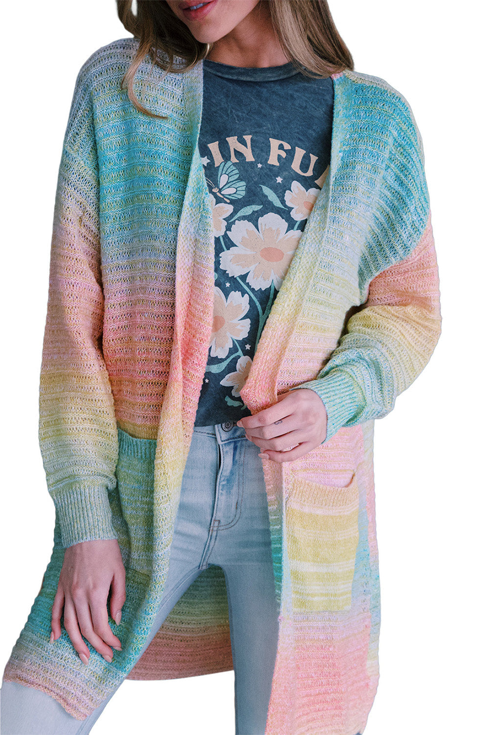 Green  Gradient Knit Open Cardigan with Pockets