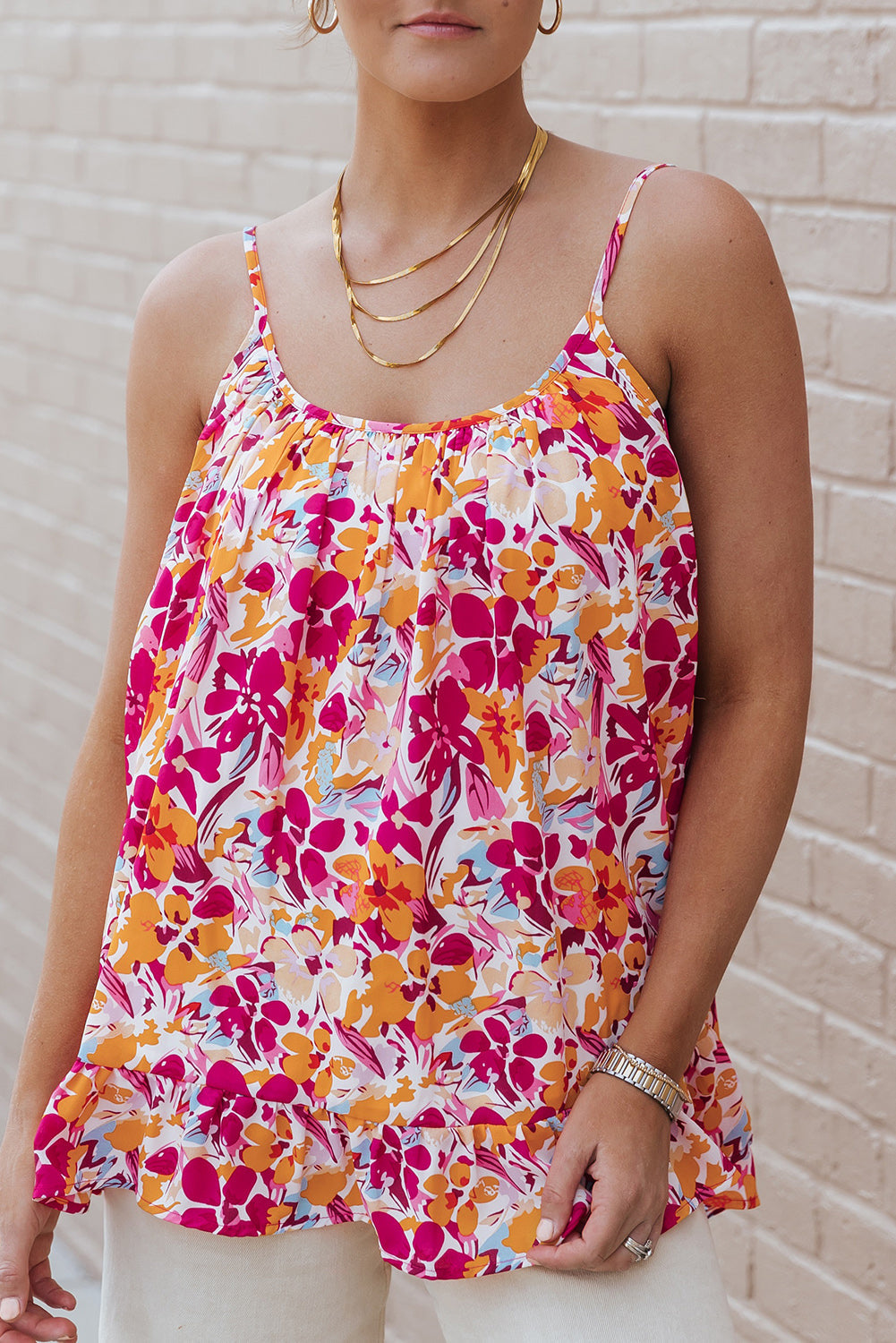 Red Floral Print Loose Fit Spaghetti Strap Tank Top