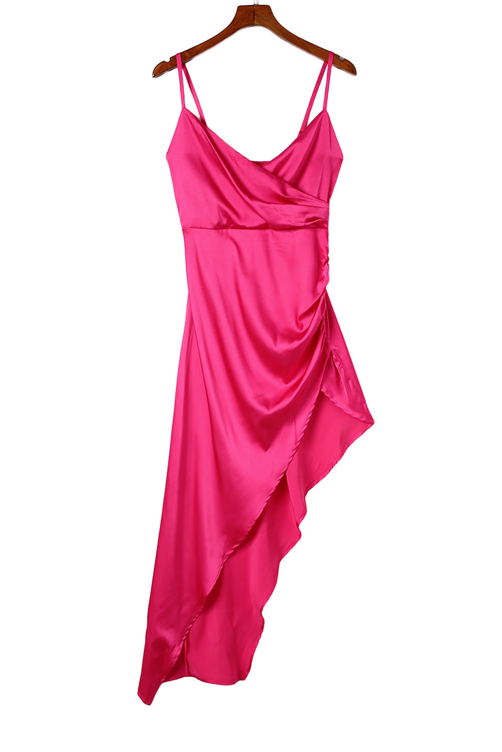 Rose Ruched Wrap V Neck Slit Satin Dress