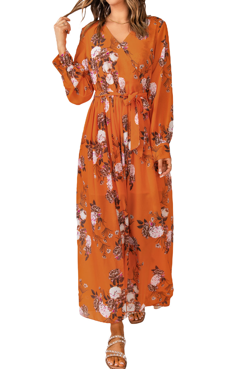 Orange Orange Floral Print Lace-up Ruffled V Neck Maxi Dress with A Slit