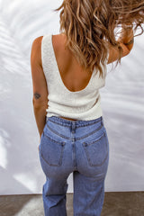 White Rib Knit Open Back Deep V Neck Tank Top