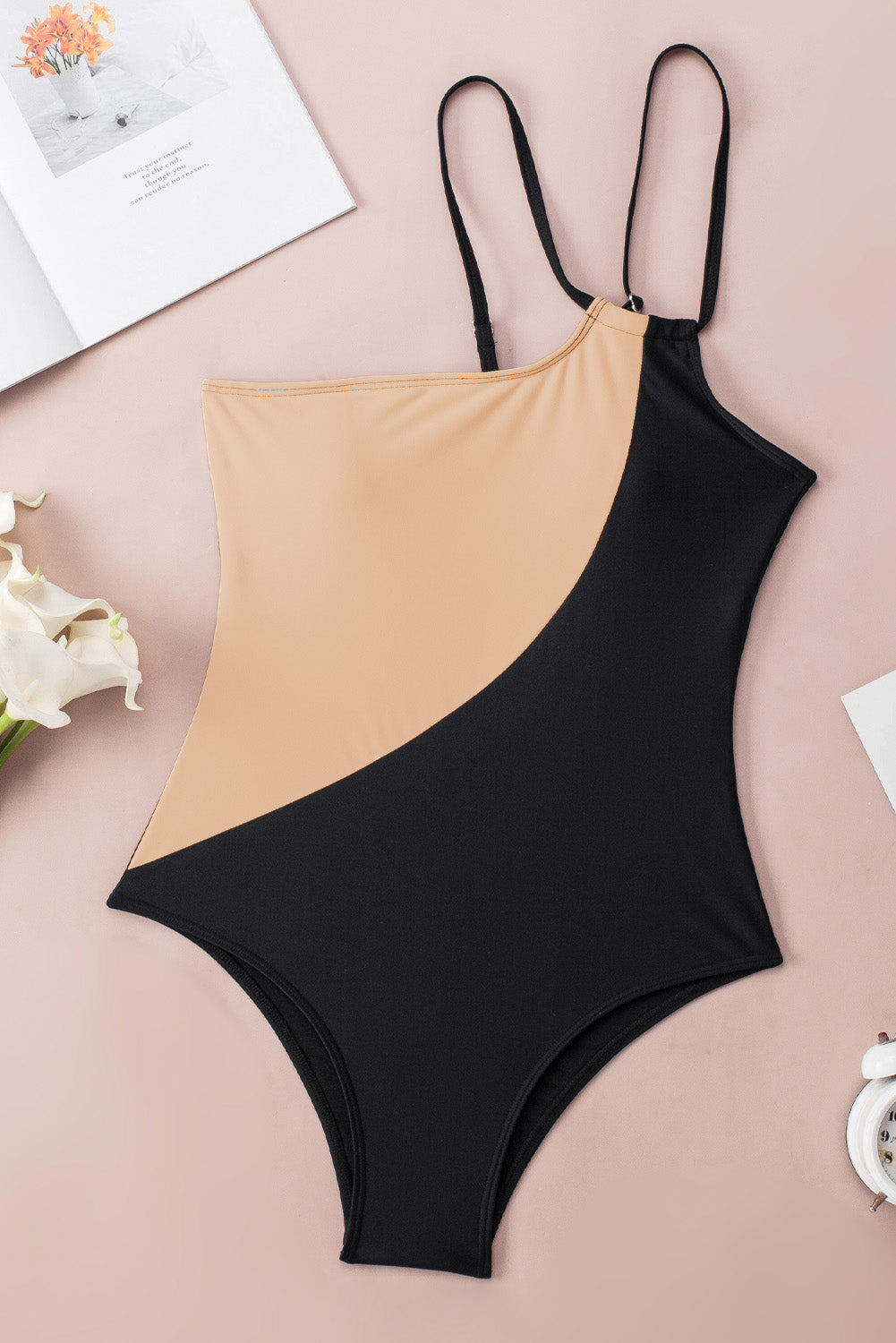 Black Double Straps One Shoulder Color Block Teddy Swimsuit