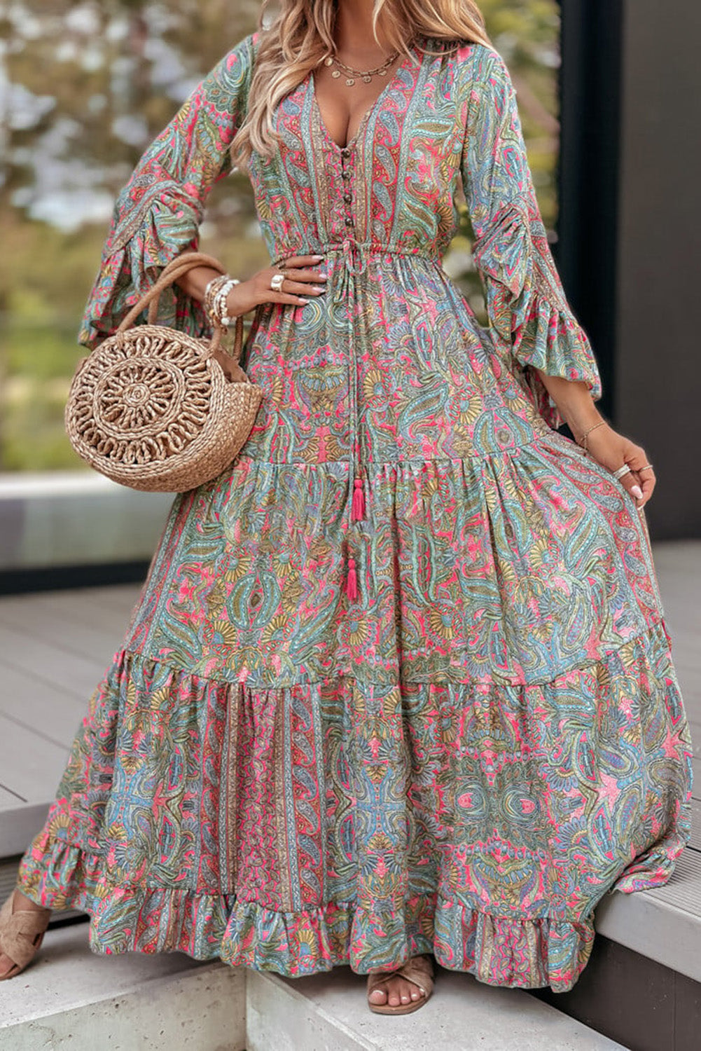 Green Paisley Printed Ruffle Trim Elegant Maxi Dress