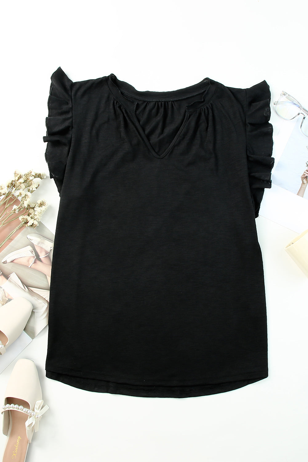 Black V Neck Ruffle Sleeve Plus Size Top