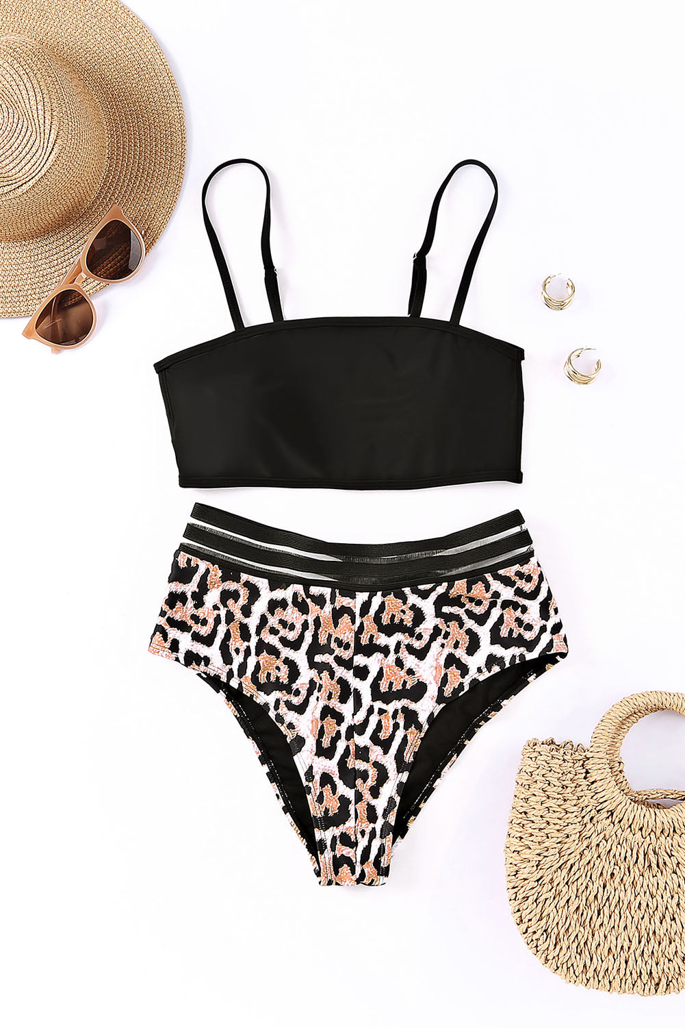 Black Strappy Cage Back Leopard High Waist Bikini Swimsuit