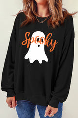 Black Halloween Spooky Ghost Print Crewneck Pullover Sweatshirt