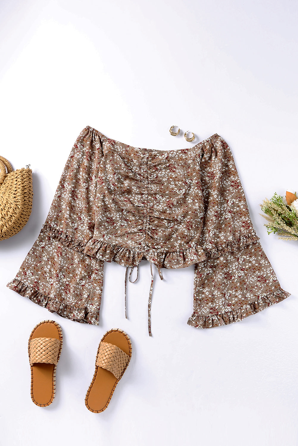 Brown Floral Print Off Shoulder Ruched Crop Top