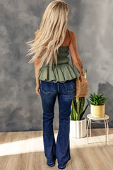 Green Smocked Peplum Strapless Tank Top