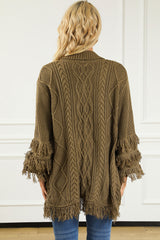 Fringe Trim Cable Knit Open Cardigan