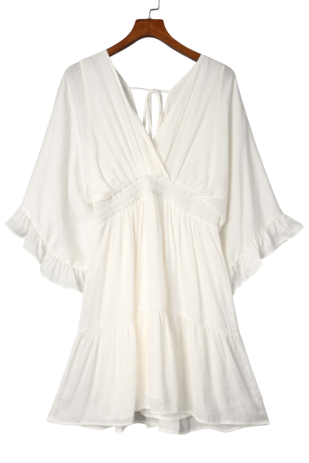 Beige V Neck Wrap Smocked Waist Ruffle Mini Dress