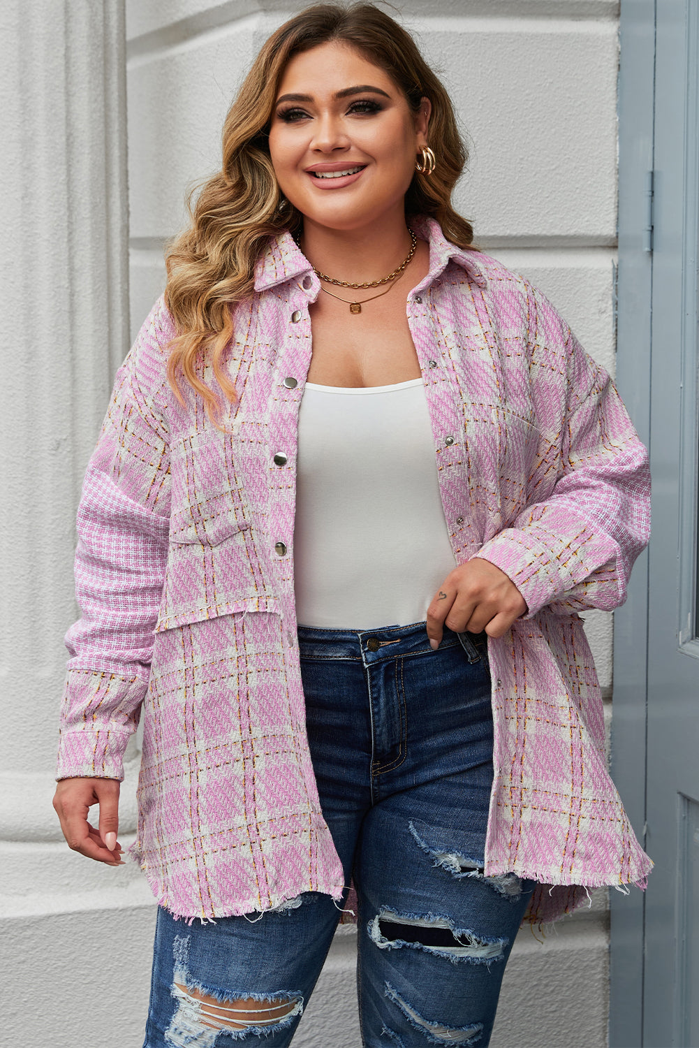 Pink Plus Size Tweed Plaid Houndstooth Print Jacket