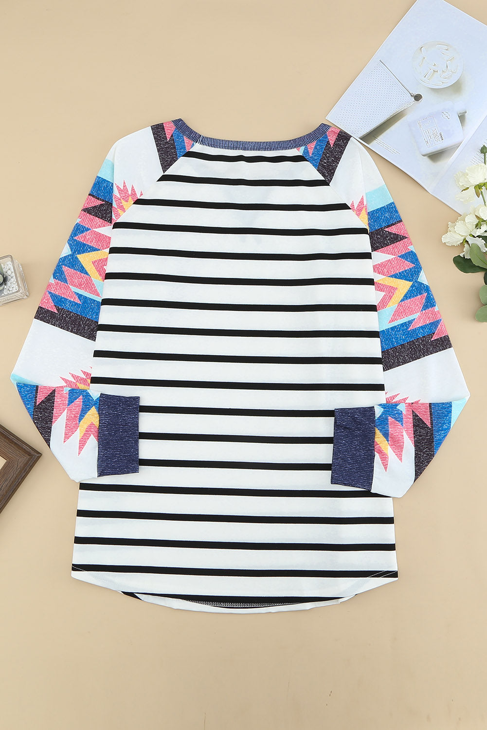 White Aztec Sleeve Striped Raglan Plus Size Top