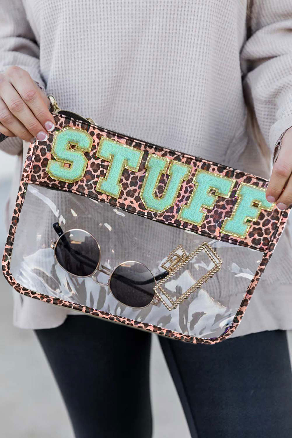 Black STUFF Cow Print Transparent Zipped Pouch