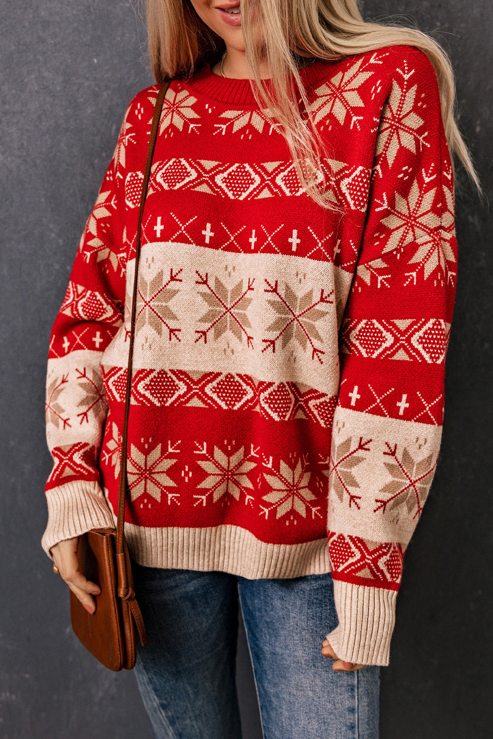 Red Christmas Snowflake Geometric Pattern Sweater