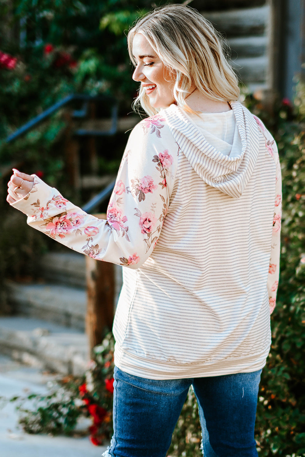 Stripe Plus Size Floral Raglan Sleeve Striped Hoodie