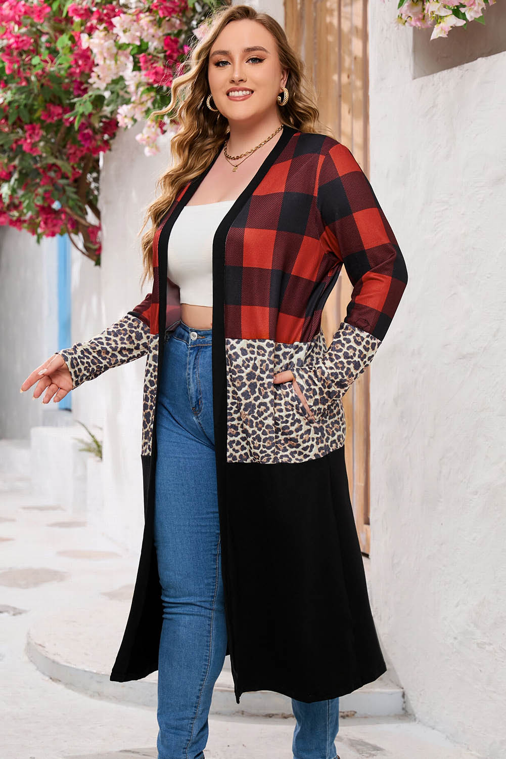 Red Buffalo Plaid Leopard Colorblock Plus Size Duster Cardigan