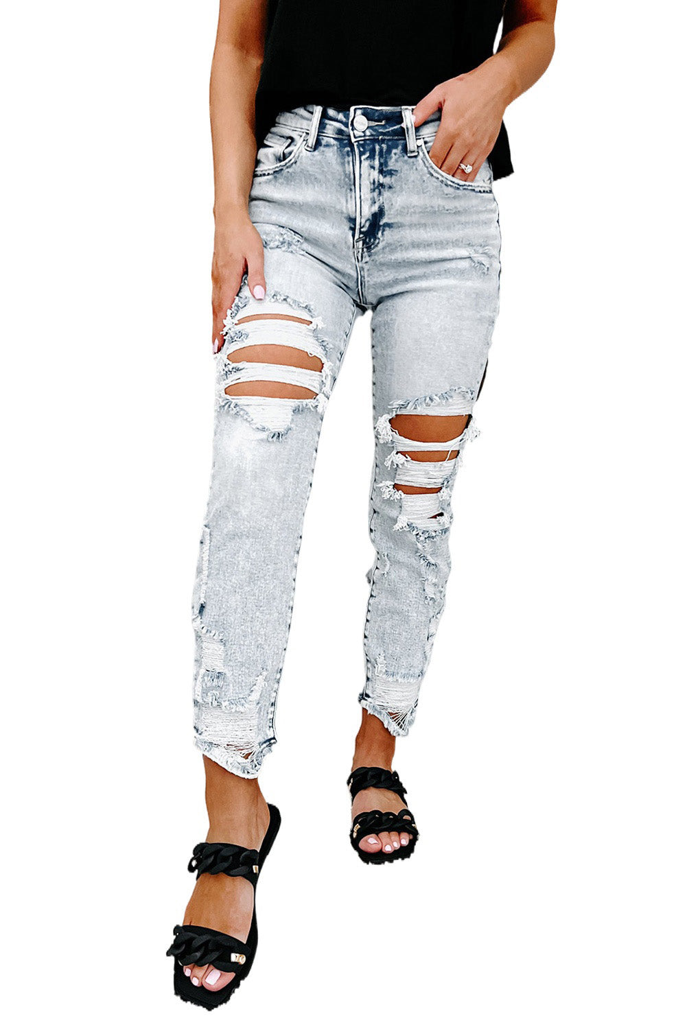 Sky Blue Vintage Washed Heavy Destroyed Skinny Jeans