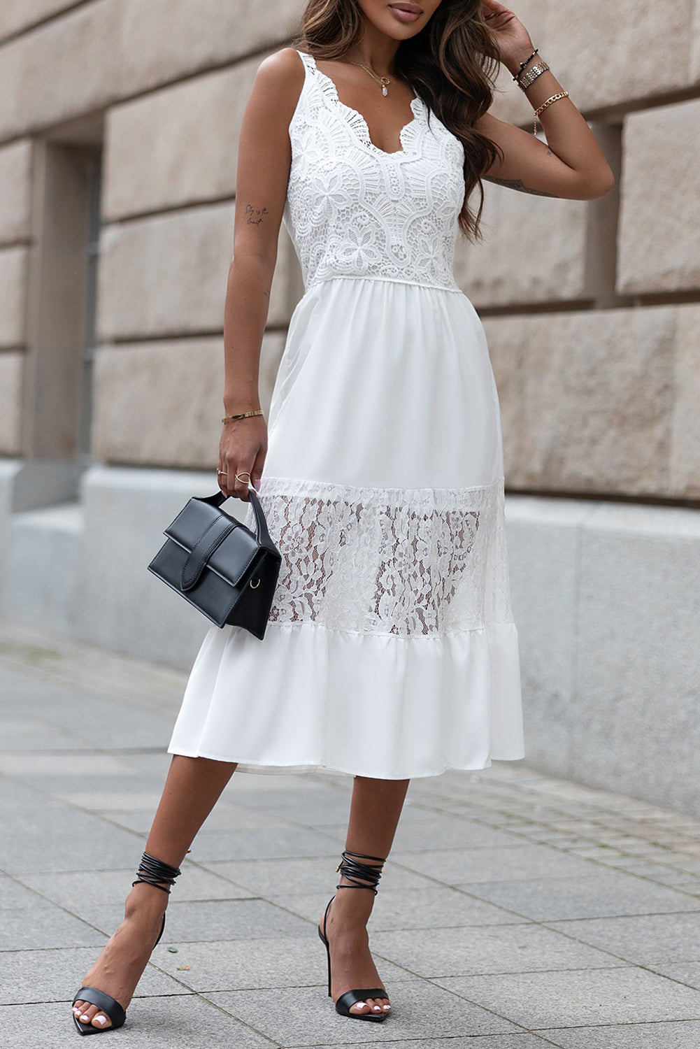 White Lace Crochet Patchwork Sleeveless Long Dress