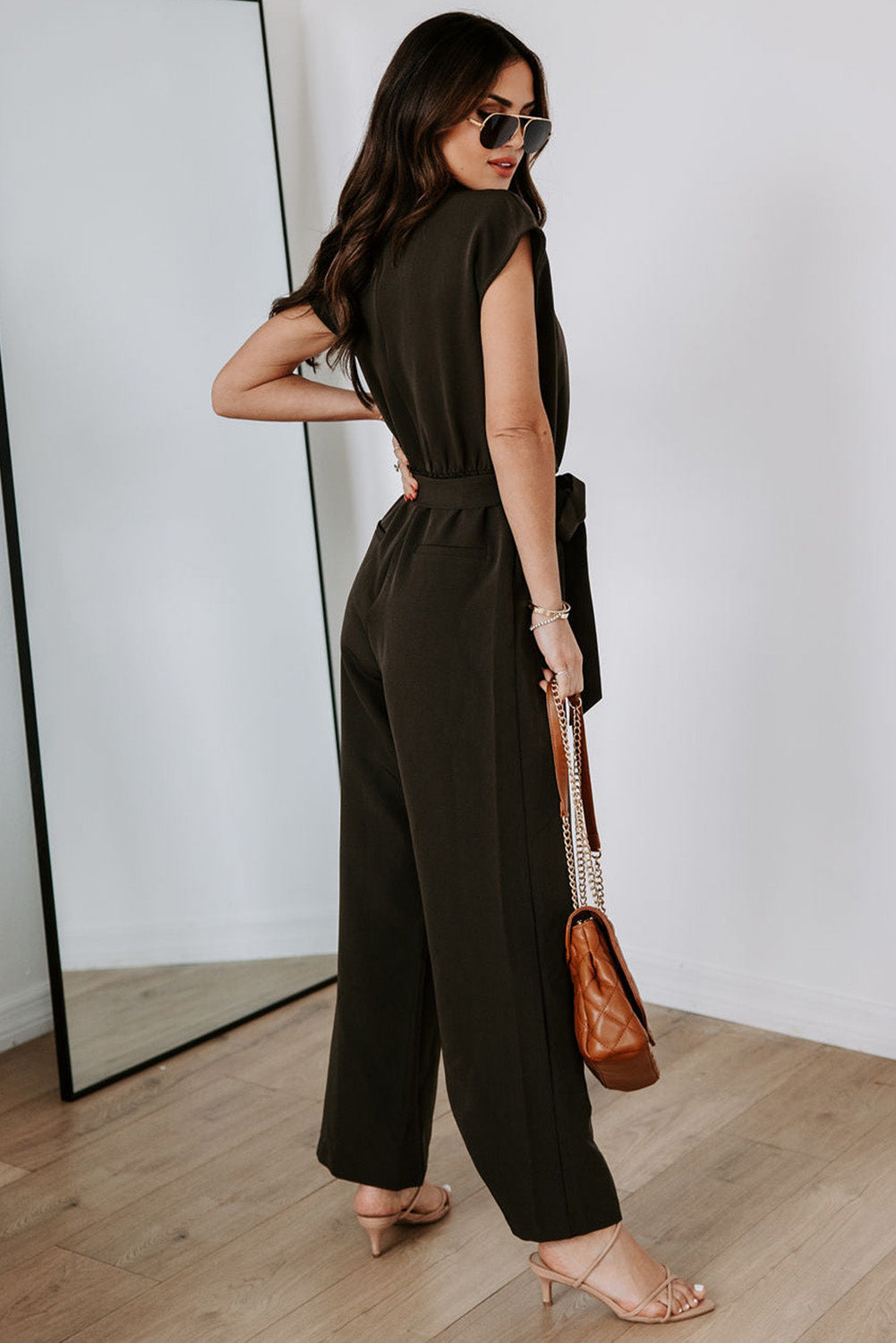 Black V Neck Pocketed Tie Waist Wide Leg Jumpsuit