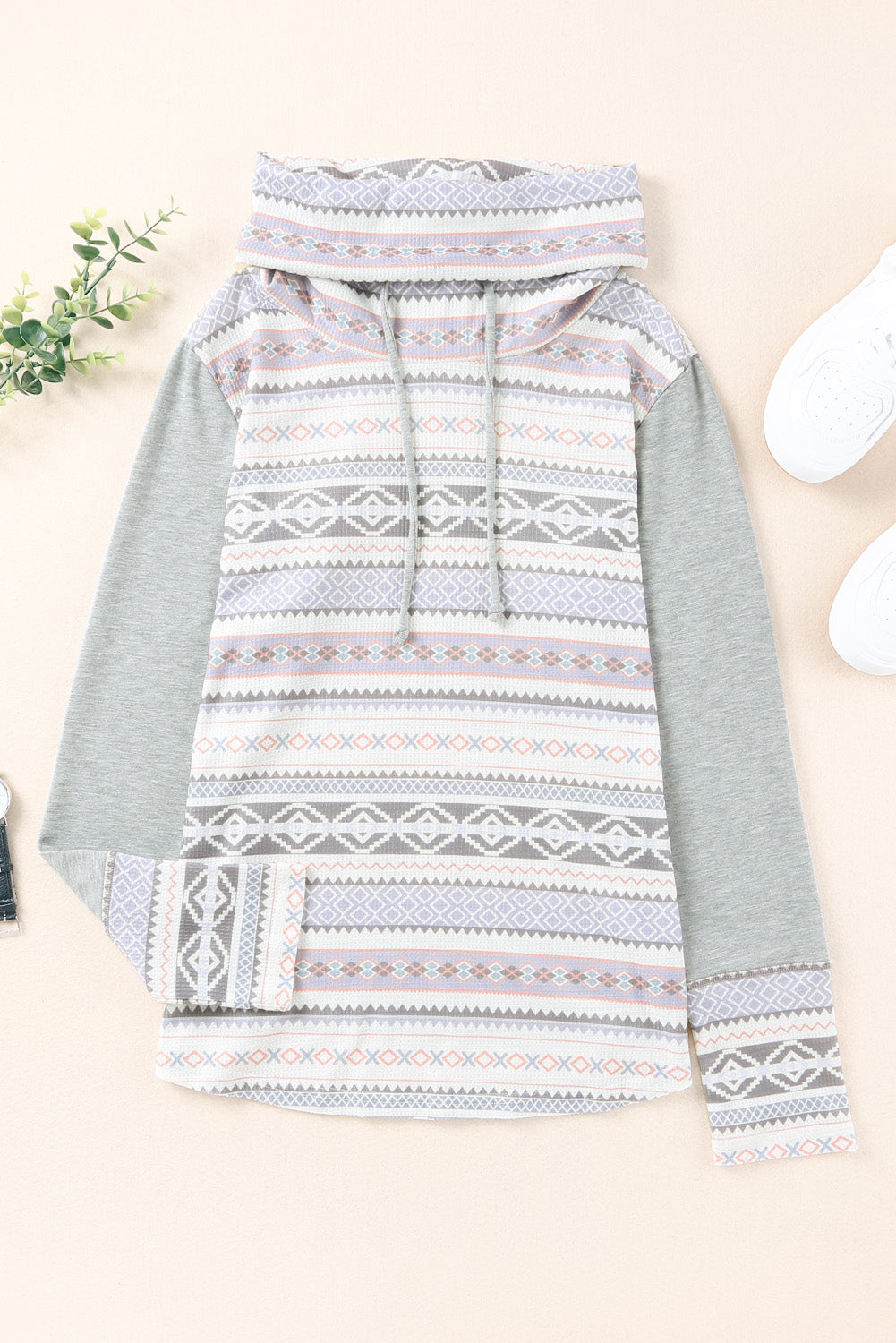Gray Aztec Print Amicg Knit Cowl Neck Sweatshirt