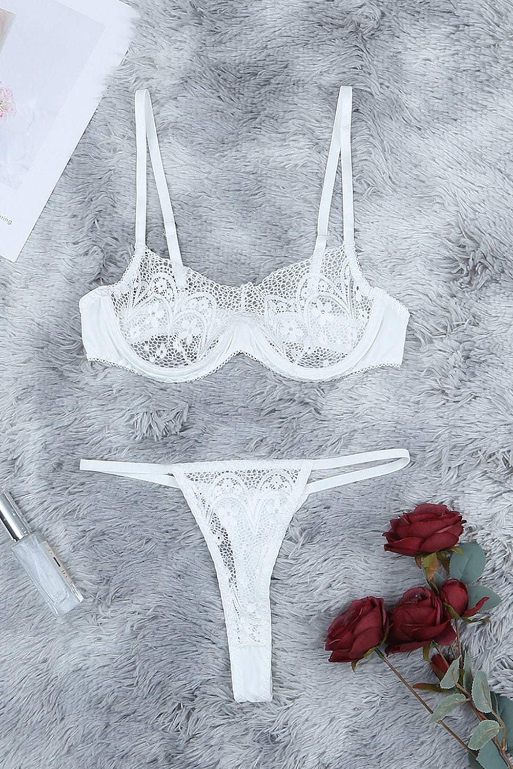 White Sheer Lace Bra and Panty Set with Garter Belts