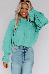 Green Striking Pleated Flared Cuff Long Sleeve Blouse