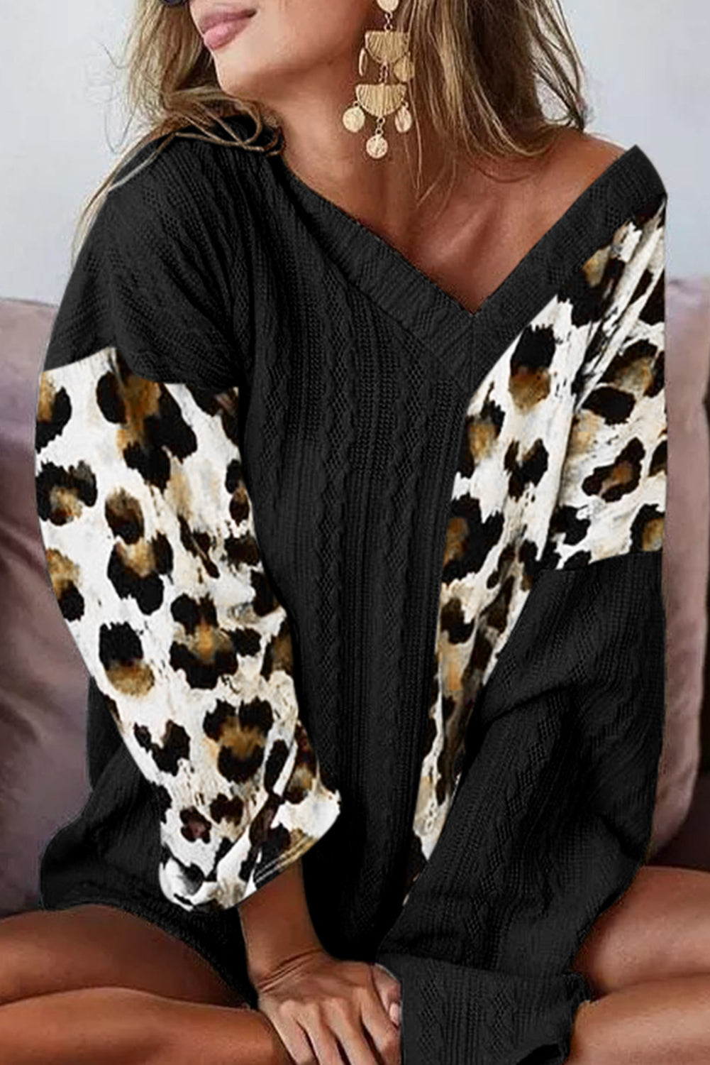 Khaki Asymmetric Leopard Patchwork Wide Sleeve V Neck Sweater
