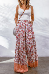 Red Floral Print Shirred High Waist Wide Leg Pants