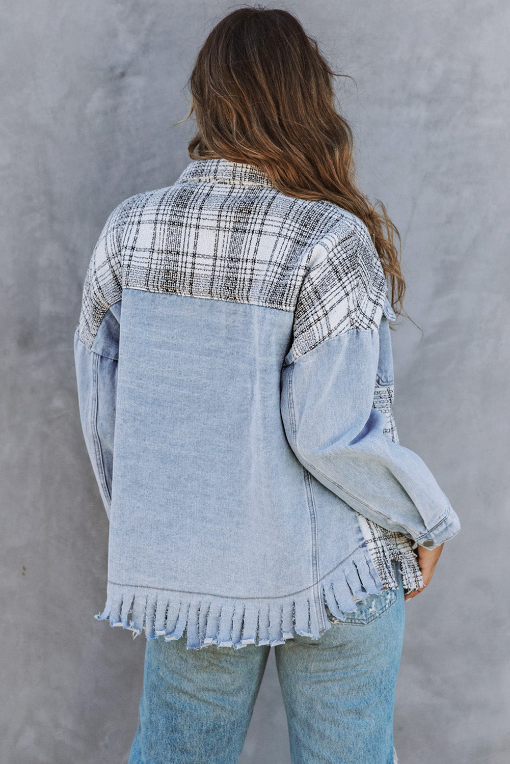 Sky Blue Plaid Patchwork Fringed Flap Pockets Denim Jacket