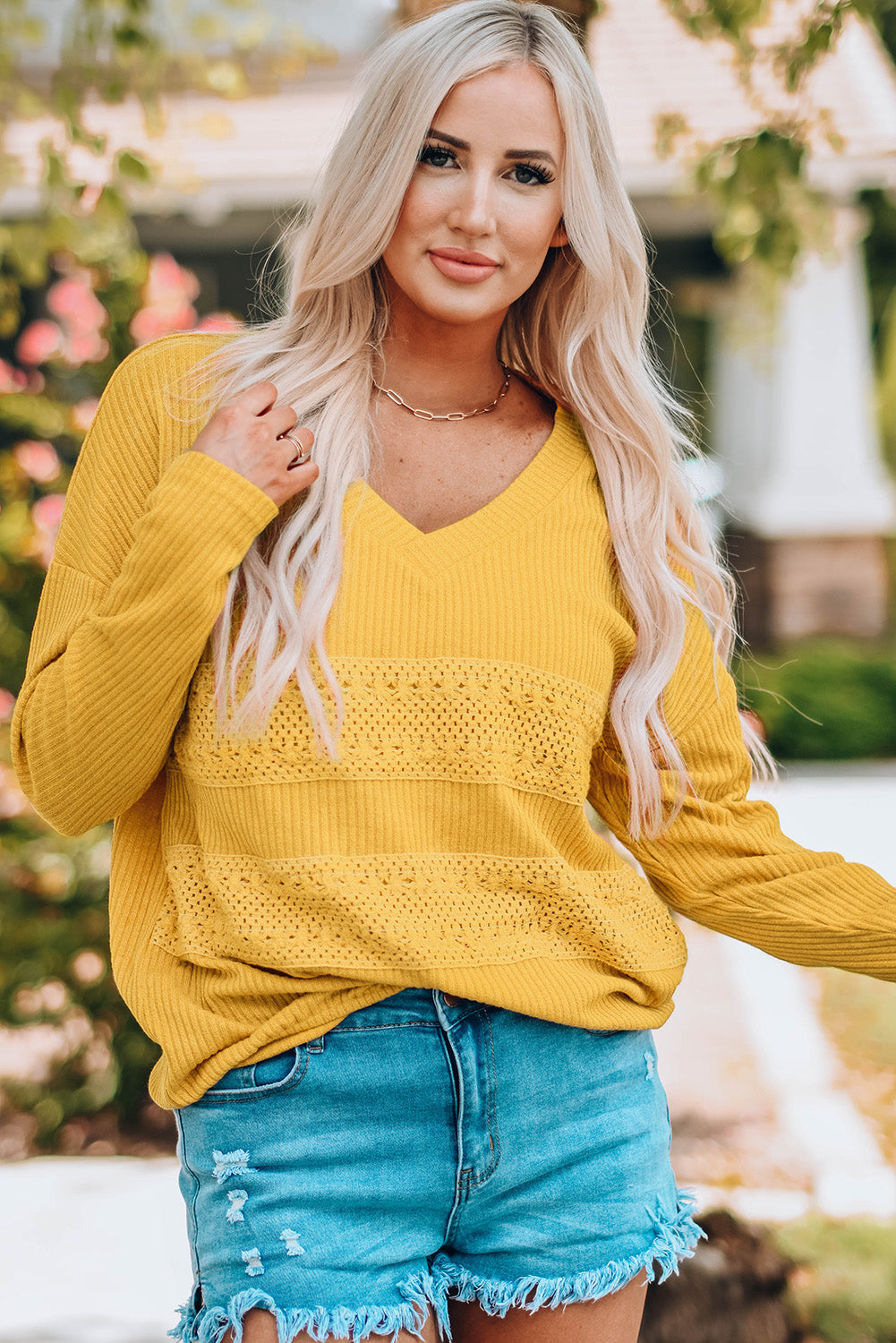 Yellow Lace Contrast Ribbed V Neck Top