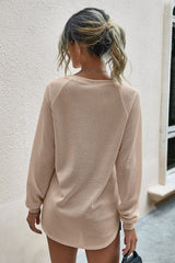 Khaki Solid Waffle Knit Raglan Sleeve Top