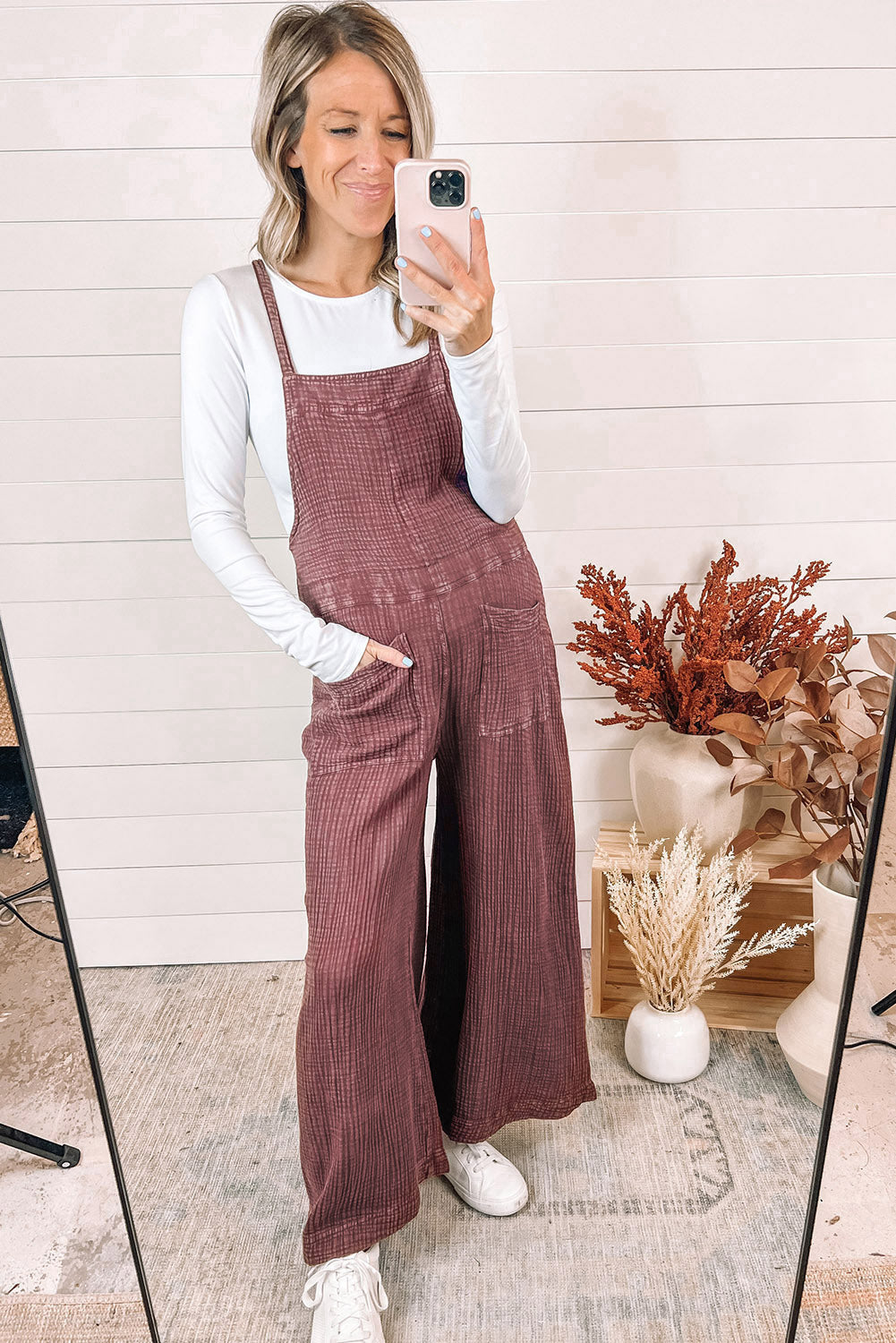 Red Textured Shoulder Straps Pocketed Overalls