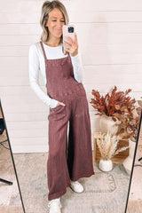 Red Textured Shoulder Straps Pocketed Overalls