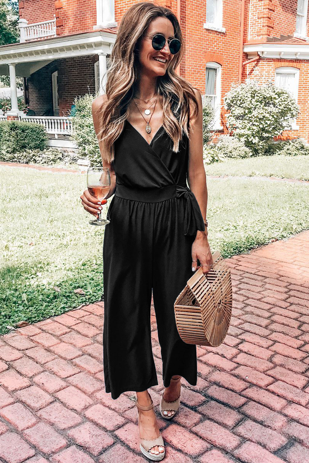 Black Surplice V Neck Wide Leg Jumpsuit