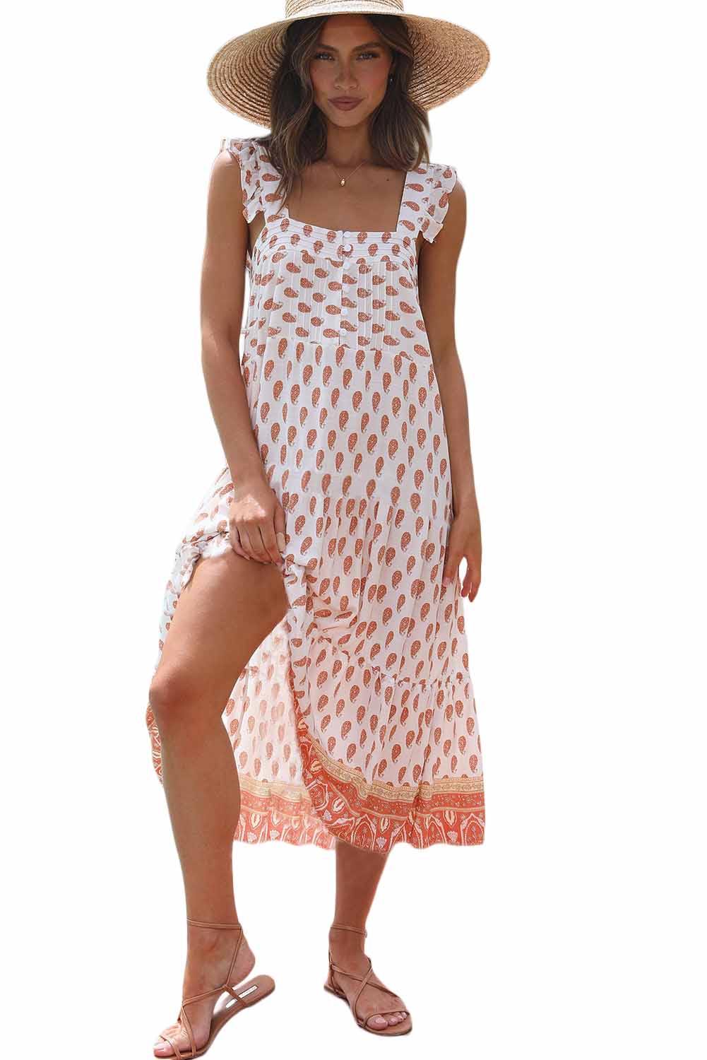 Orange Square Neck Printed Flowy Maxi Dress