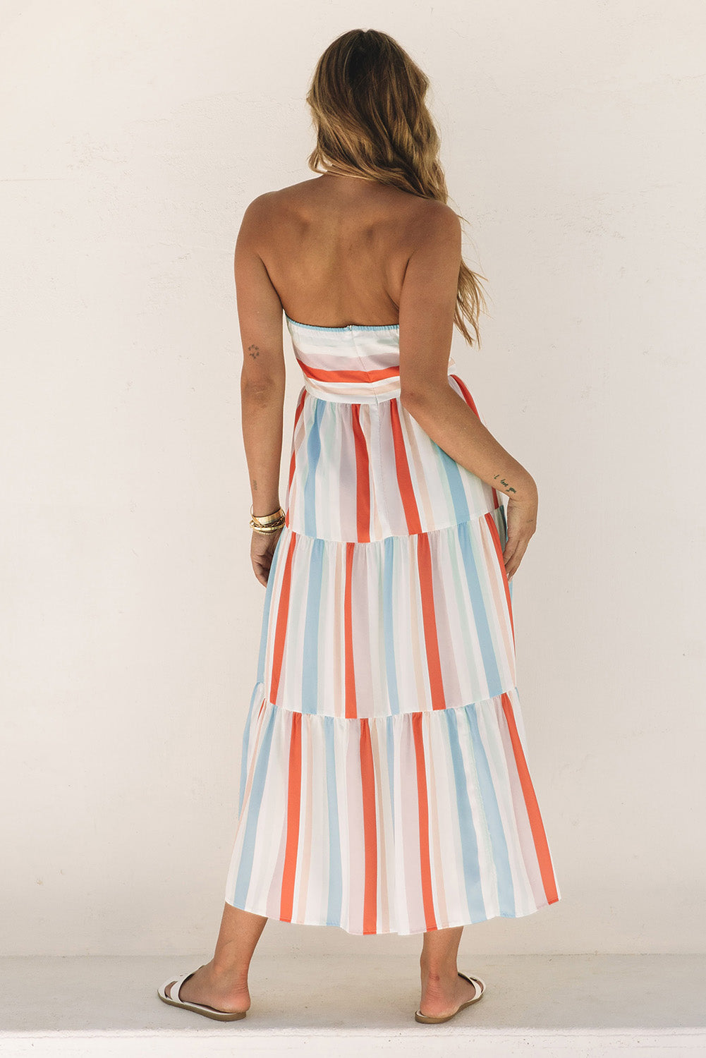 Multicolor Striped Tie Decor Strapless Tiered Maxi Dress