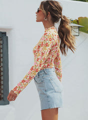 Multicolor Floral Lettuce Hem Long Sleeve Top