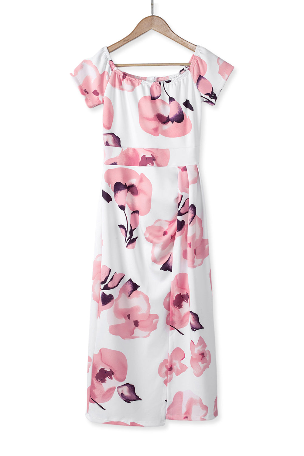 Pink Floral Print Off Shoulder Slit Bodycon Midi Dress