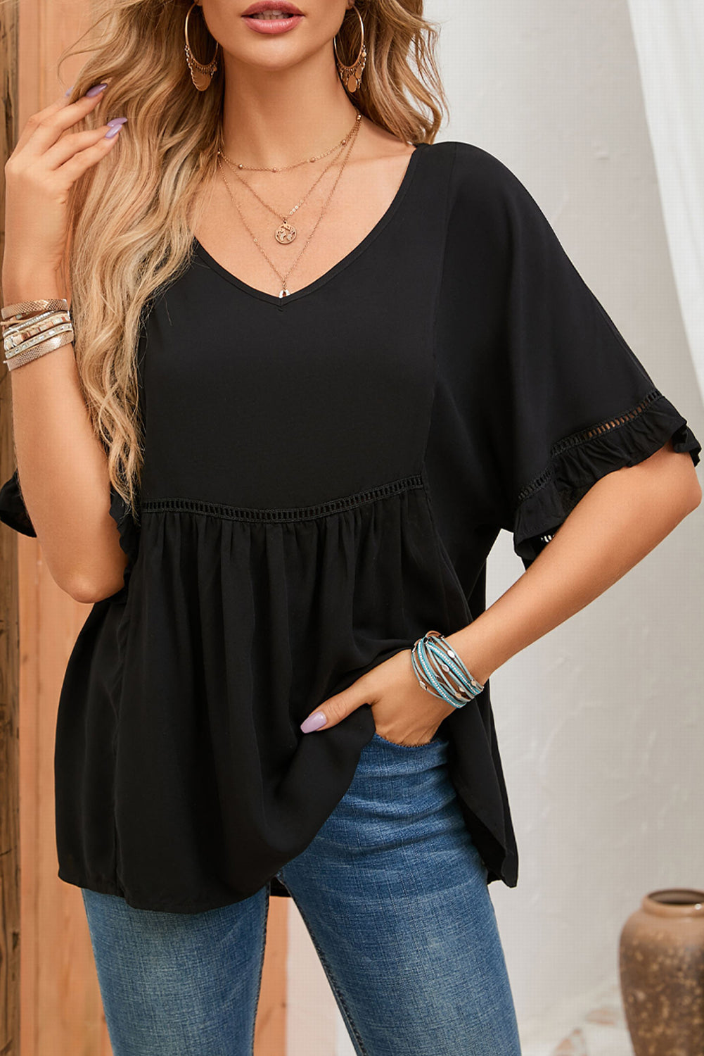 Apricot Ruffled Lace Detail Loose V Neck Top