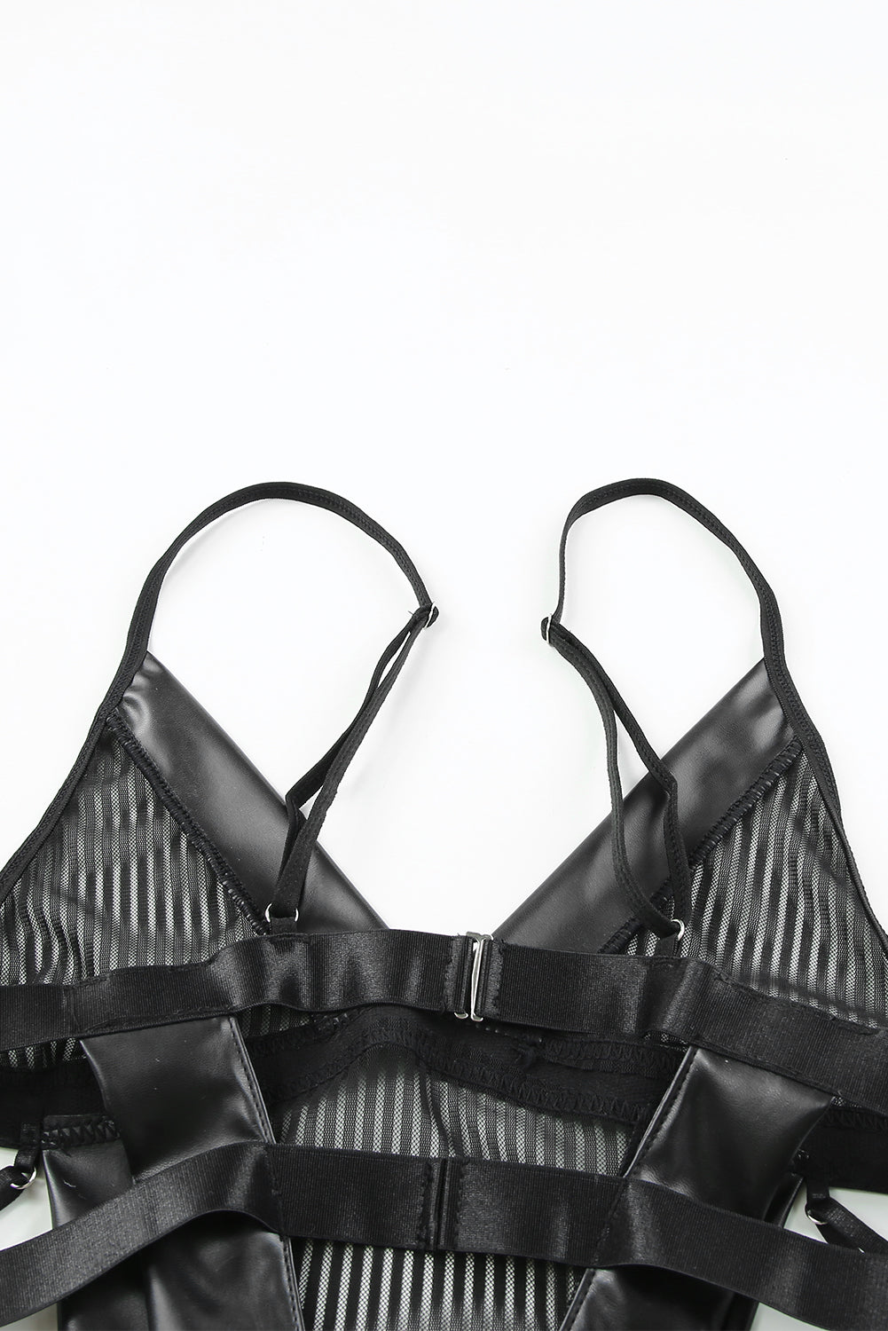 Black Sheer Striped Faux Leather Trim Garter Belt Teddy Lingerie
