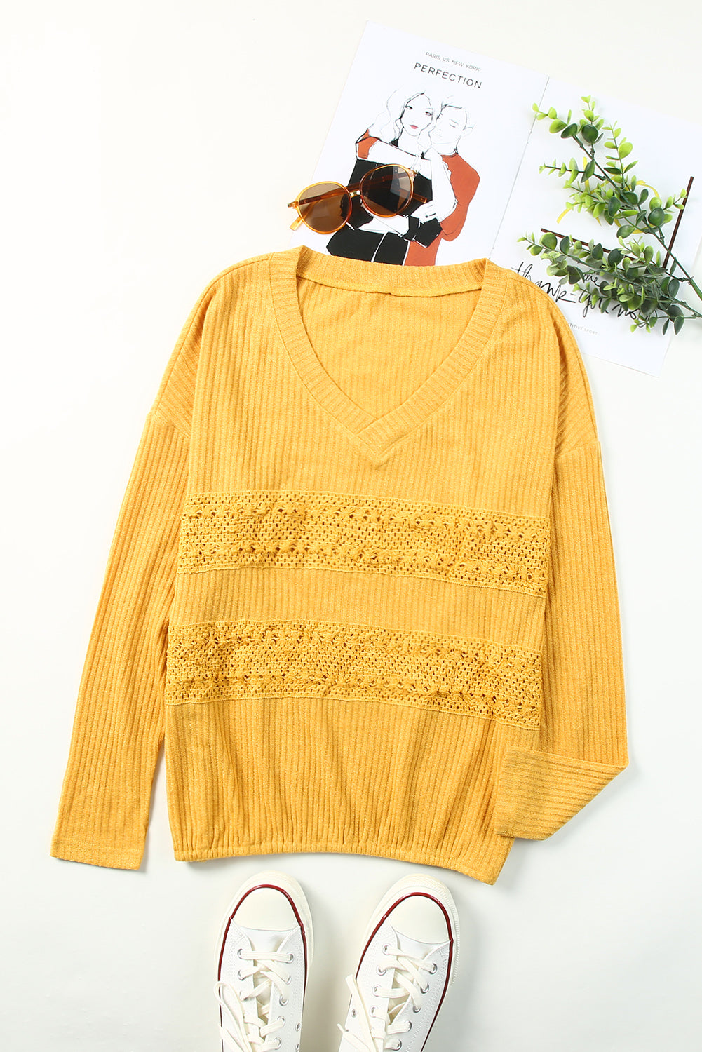 Yellow Lace Contrast Ribbed V Neck Top