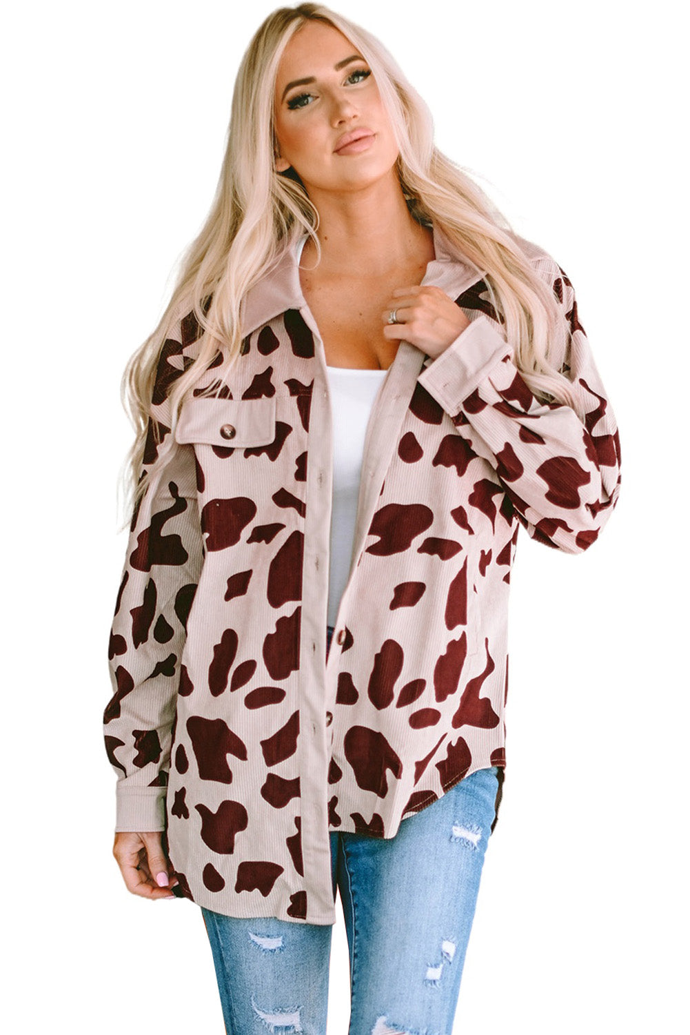 Khaki Cow Spots Printed Corduroy Shacket