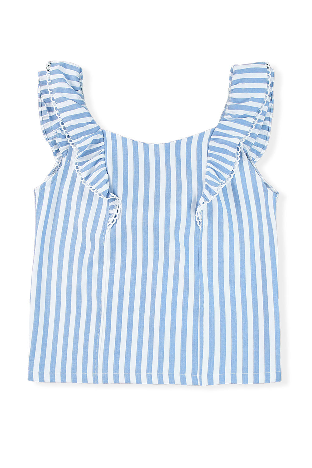 Blue Striped Tie Back Ruffle Trim Tank Top