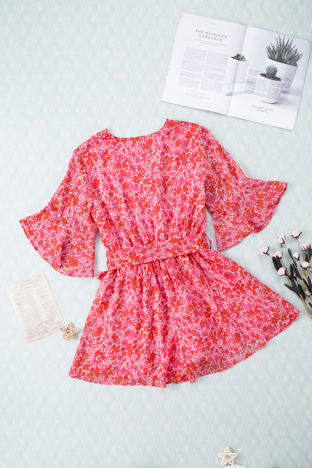 Pink V Neck Ruffled Sleeve Floral Romper