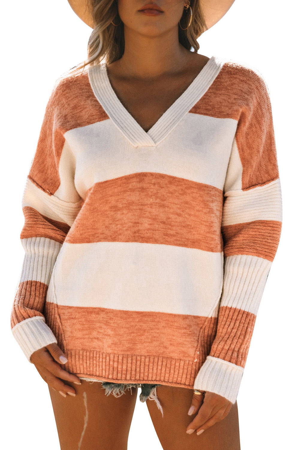 Stripe Striped V Neck Criss Cross Back Sweater