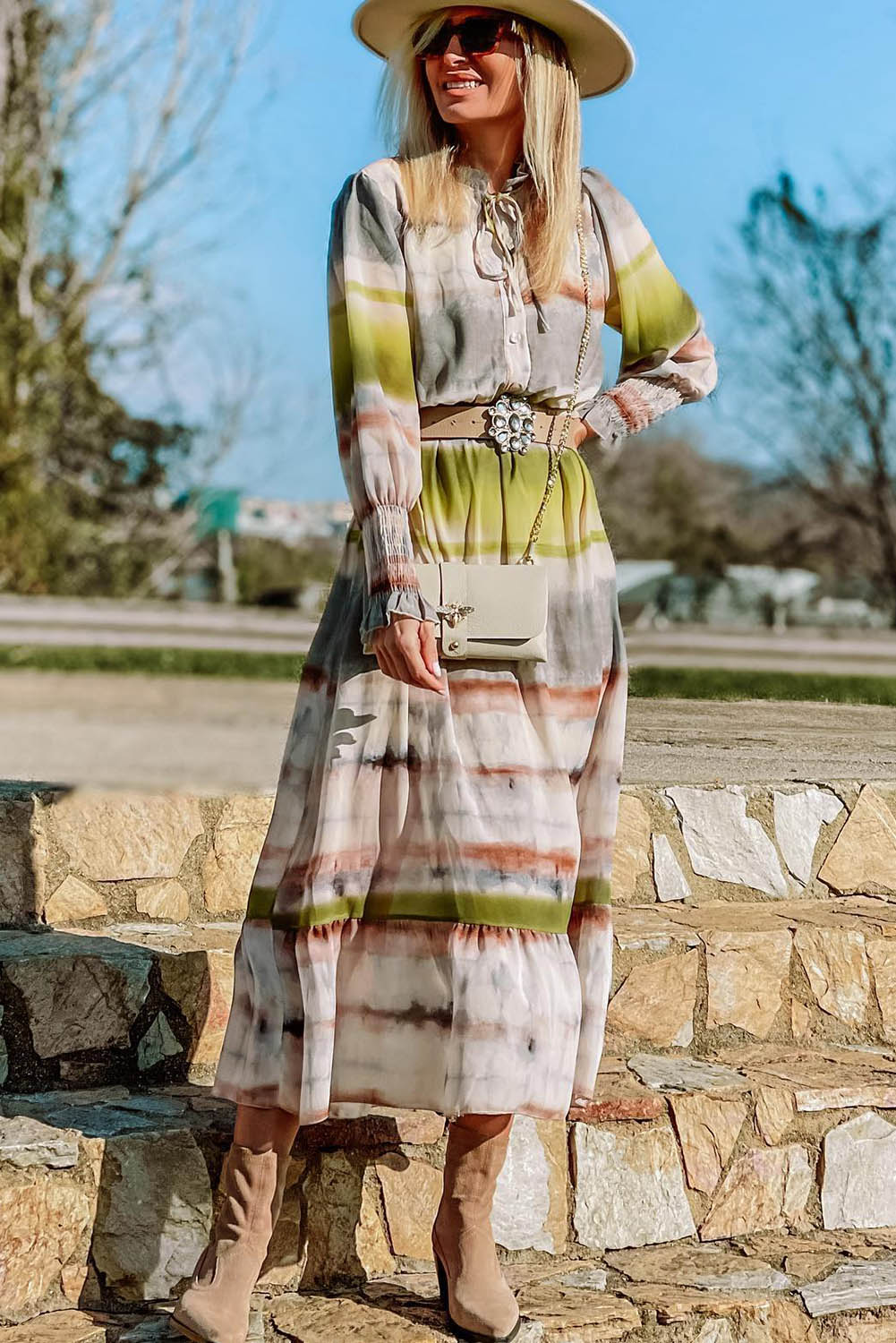 Multicolor Lace Up Tie-dye Print Long Shirt Dress