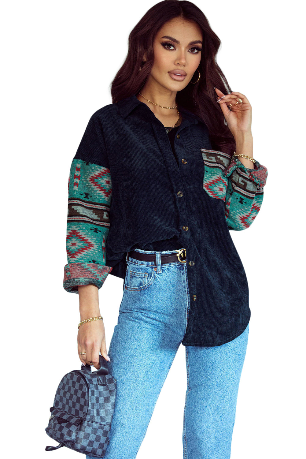 Gray  Aztec Pattern Sleeve Pocketed Corduroy Shacket