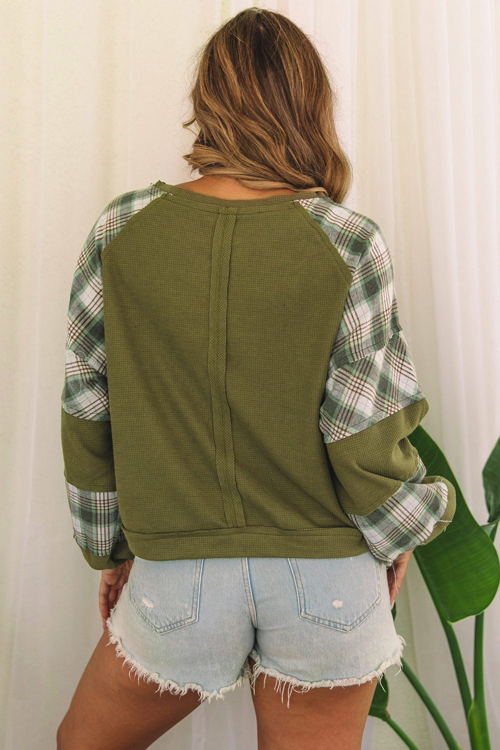 Green Plaid Patch Waffle Knit Exposed Seam Bubble Sleeve Top