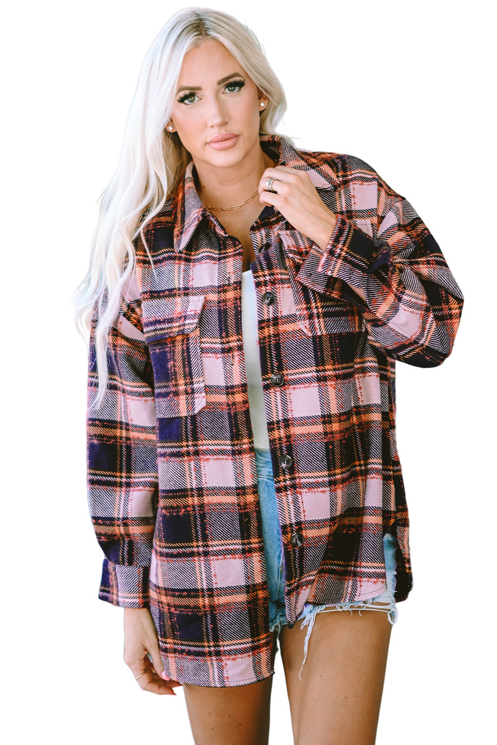 Blue Oversized Flap Pockets Plaid Shacket with Slits