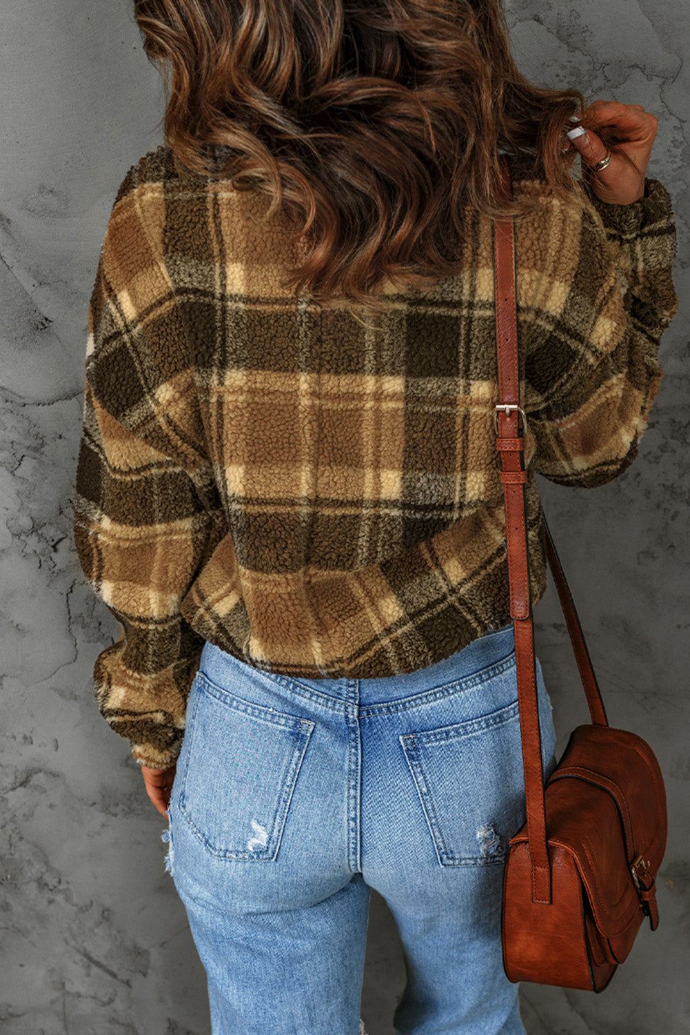 Brown Zip Collar Plaid Pattern Fleece Sweatshirt